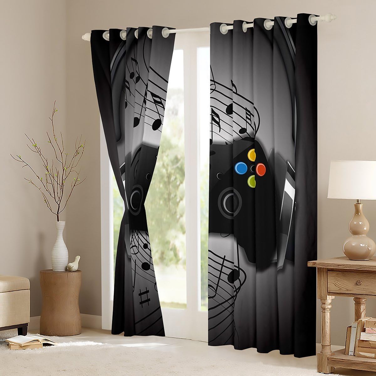 Games Curtains Black Grey Headphones Musical Notes Design Gamepad Window Curtain for Kids Boys Video Game Room Decor Cool Retro Playing Gamer Windows Drapes Gaming Controller Curtains 38 X 54,2 Panels