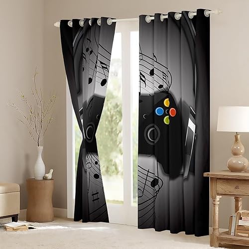 Miniatura 3 de Cortinas de juegos negros y grises, con diseño de notas musicales, cortina de ventana de gamepad para niños, decoración de sala de videojuegos,