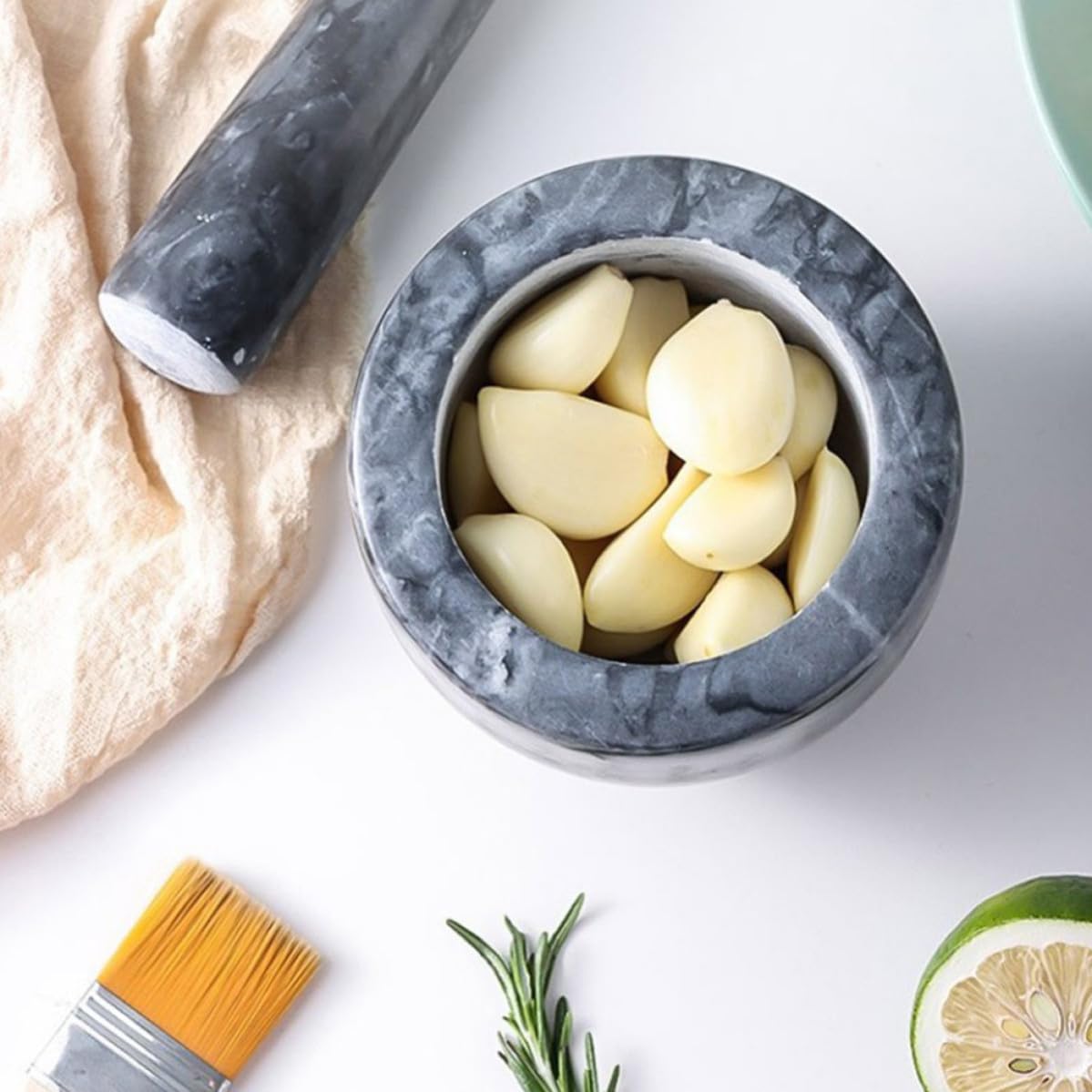 Mortero de Mármol Portátil para Triturar Ajos, Herramienta Manual para Cocina en Hogar y Restaurante, Diseño Compacto y Duradero Negro