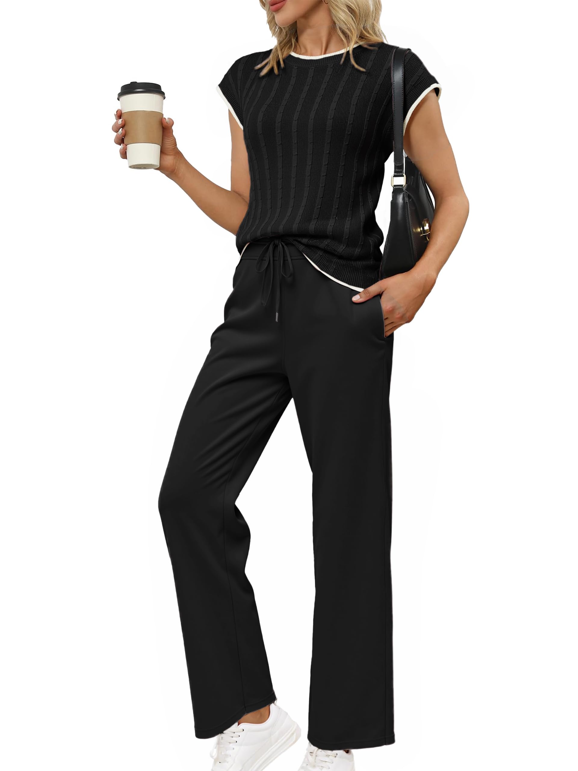 Glamaker Abiti da donna Lounge Due Pezzi Estate Maglia Casual Viaggio Girocollo Set Top Maniche Ad Cappuccio E Pantaloni Larghi 2025 Alla Moda