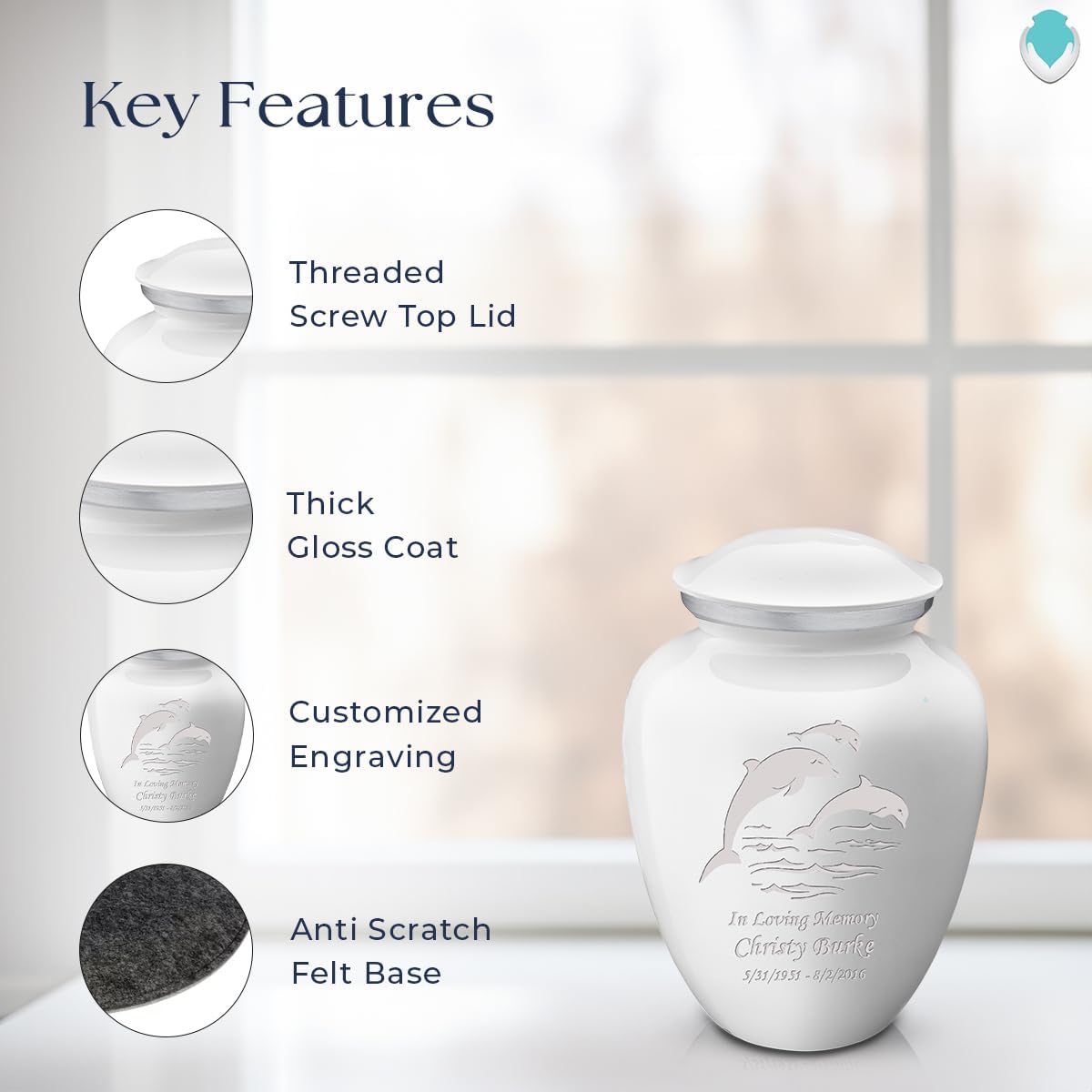 Geturns - Small Personalized Dolphin Cremation Urns for Human Ashes I White Funeral Urn for Women and Men I 44 lbs