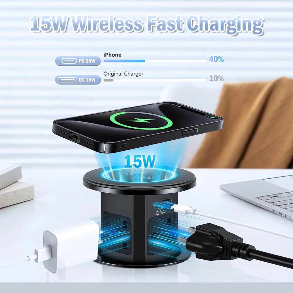 Gniazdka Wysuwane Do Blatów Kuchennych,Inteligentne Podnoszenie,Z Ładowarką Bezprzewodową 15W,Z 4 Gniazdami Ac,Portami Usb-C + Usb-A,Ukryta Konstrukcja,Hydrauliczne Gniazdo Podnoszące C