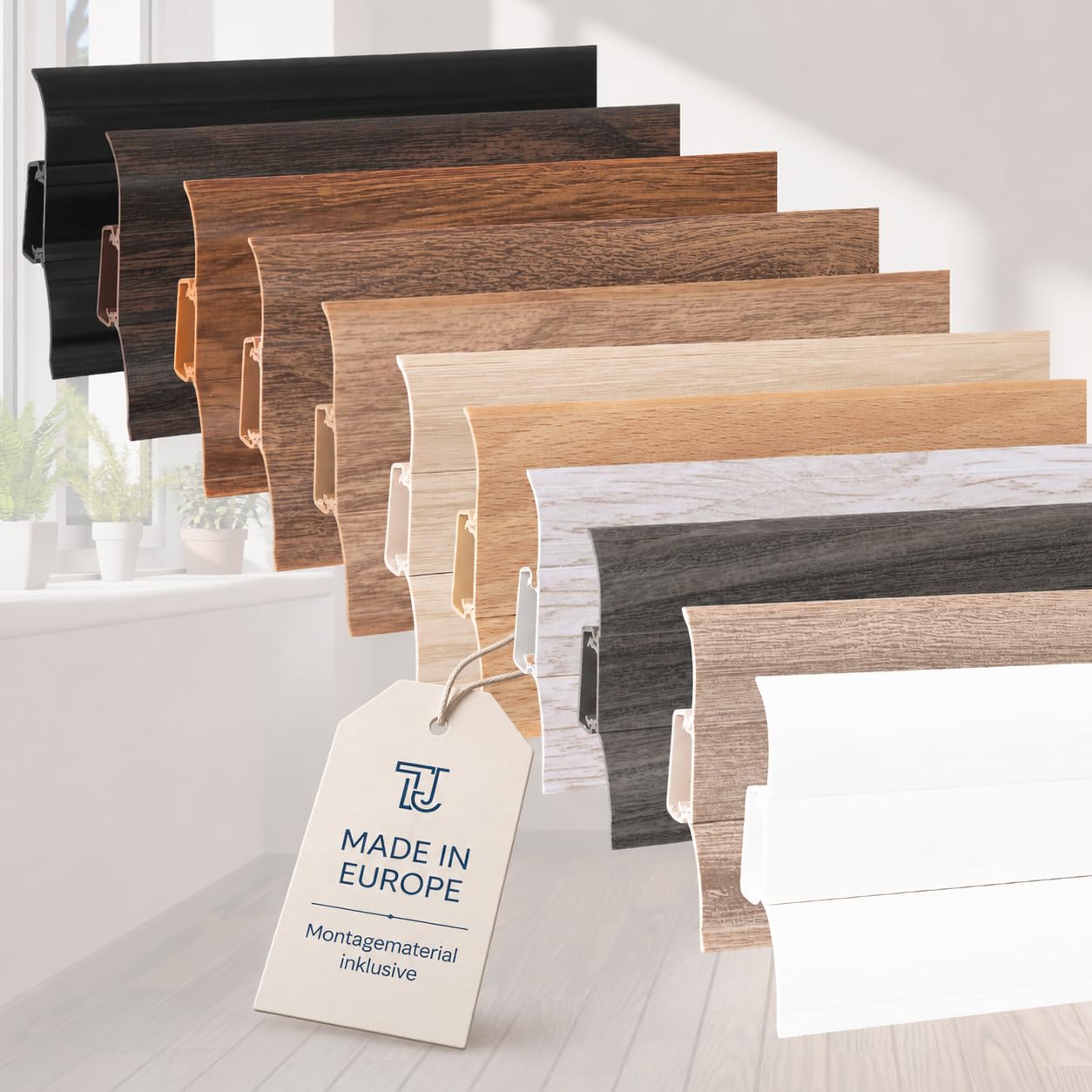 TJ Sockelleisten mit Kabelkanal [White | Länge 20 m] PVC Fußleisten Bodenleisten aus robustem Kunststoff in Holzdesign | mit Weichlippen | einfache Montage