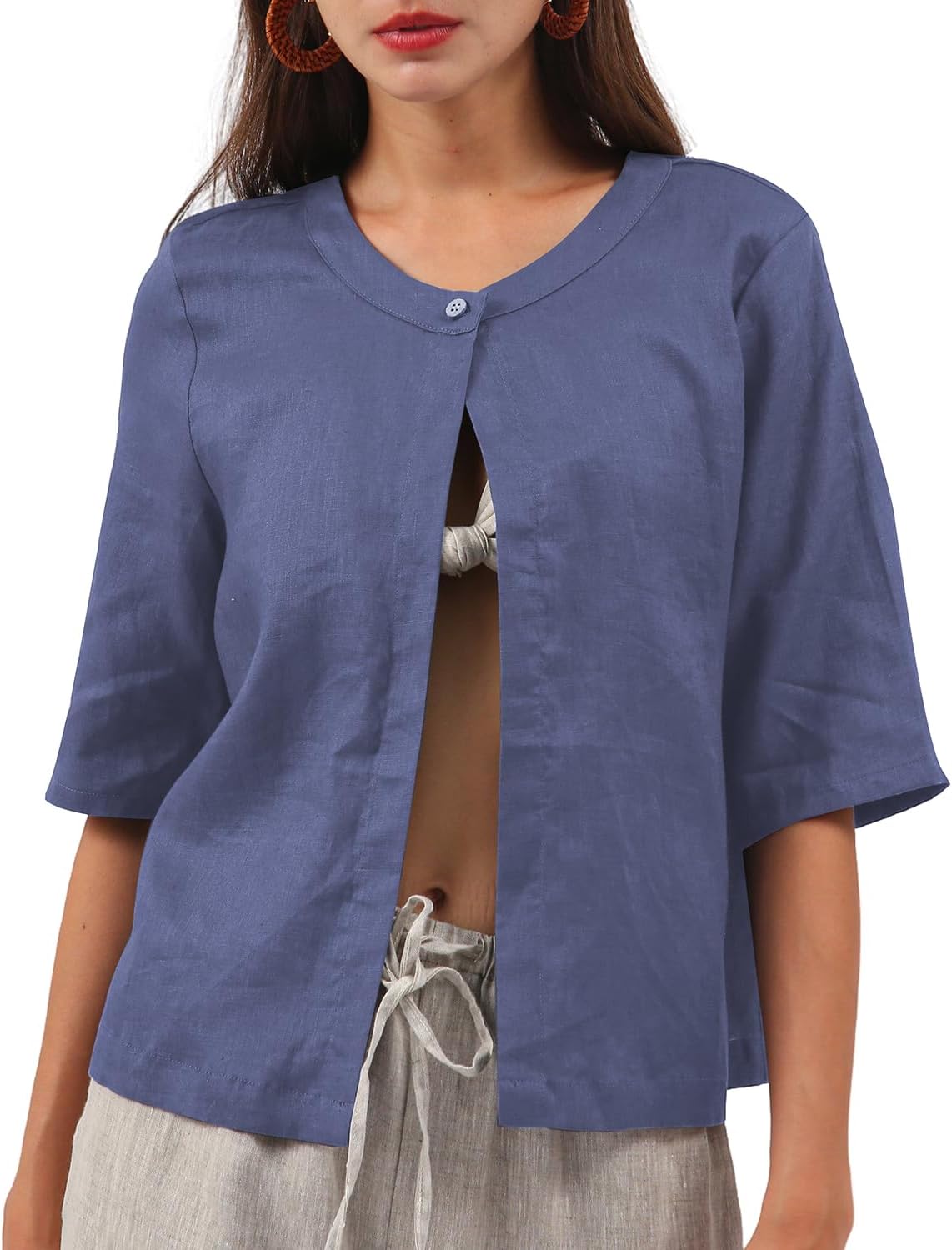 Amazhiyu Women Pure Linen Open Front Cropped Cardigan Elbow Sleeve Summer Jacket