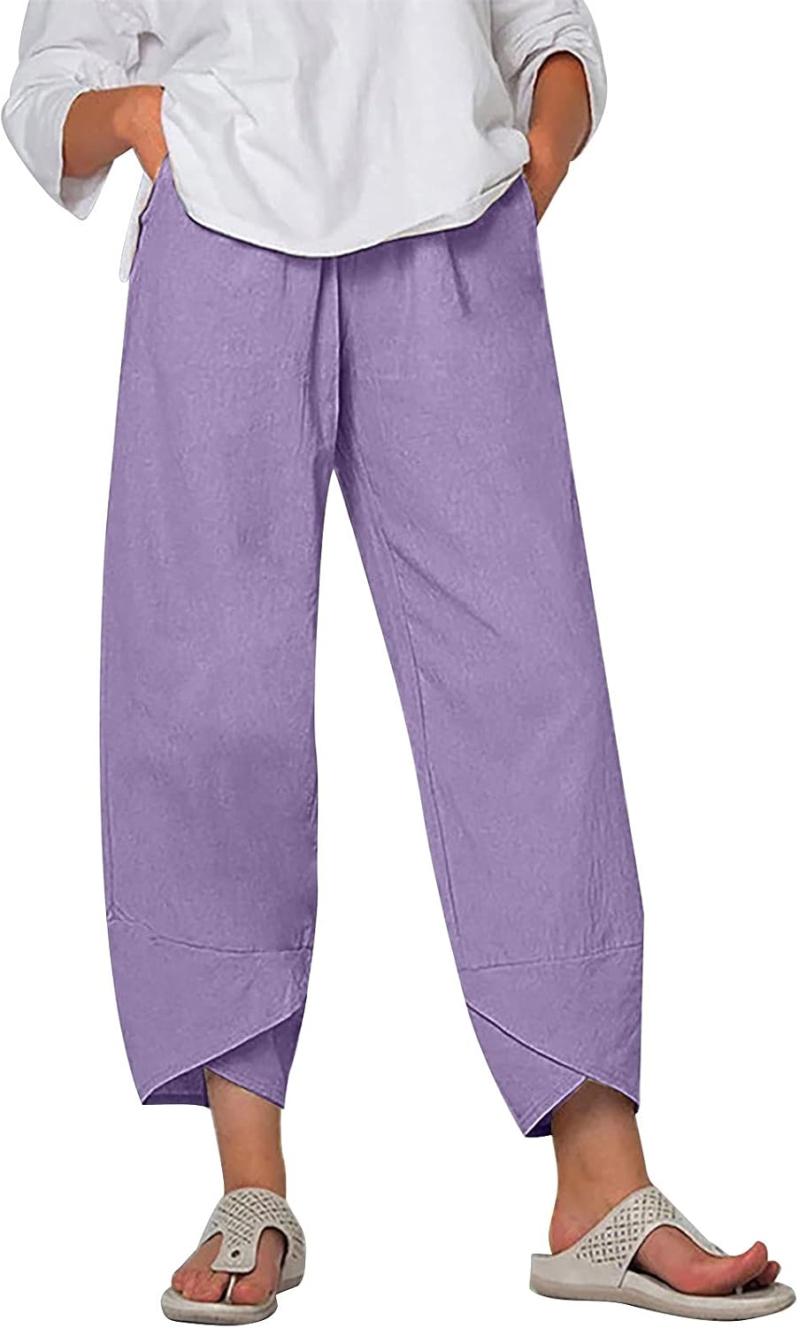 Harem Sweatpants for Women Cotton Linen Pants Y2K Capri Baggy Casual Trousers Cropped Wide Leg Pants with Pockets