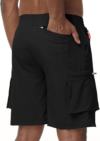 Men's Drawstring Cargo Hiking Shorts Lightweight Elastic Waist Stretch Casual Athletic Khaiki Shorts with 5 Zipper Pockets