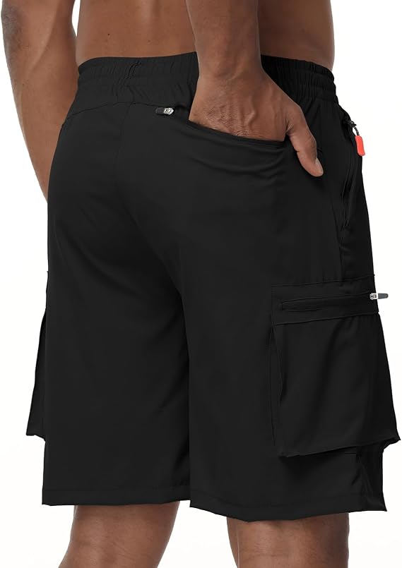 Men's Drawstring Cargo Hiking Shorts Lightweight Elastic Waist Stretch Casual Athletic Khaiki Shorts with 5 Zipper Pockets