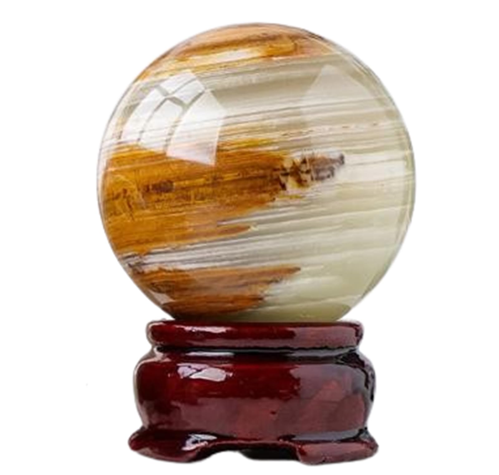 RVBLRDSE Jade Agate Sphere Crystal Ball Rare Quartz Divination Sculpture Figurine Feng Shui Aura Home Desk Decor,with Wooden Stand Gemstone Stone