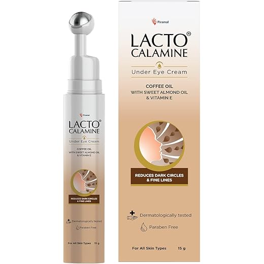 Lacto Calamine Under Eye Cream For Dark Circles for Women & Men | Fine Lines & Puffy Eyes With Cooling Massage Roller | 15g | With Coffee Oil, Multi-Peptides, Niacinamide, & Vitamin E
