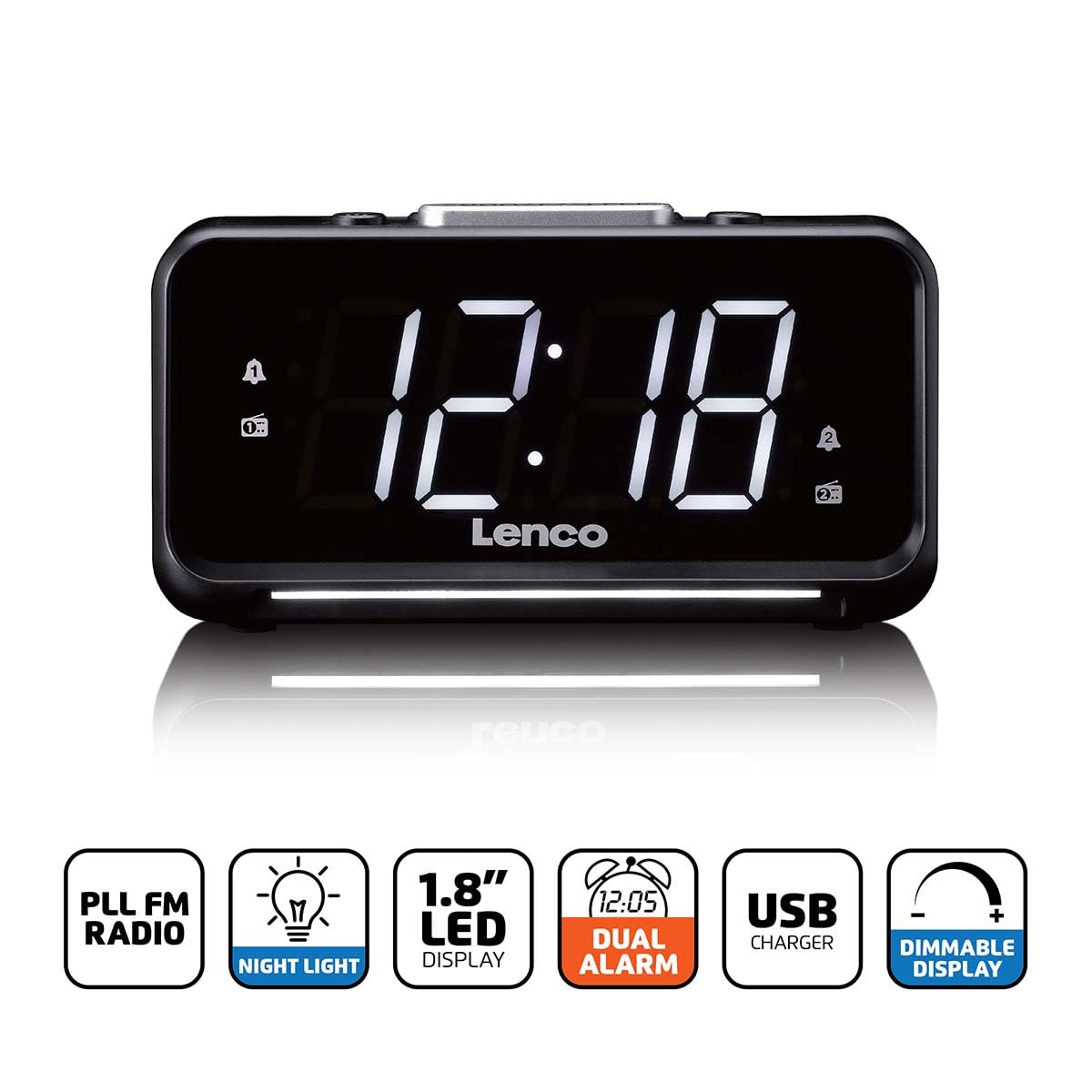Lenco Radio Despertador con Pantalla LED, 18 x 9,7 x 7,8 cm, Negro, Digital, Doble Alarma, luz Nocturna, Carga USB, alimentación de Red