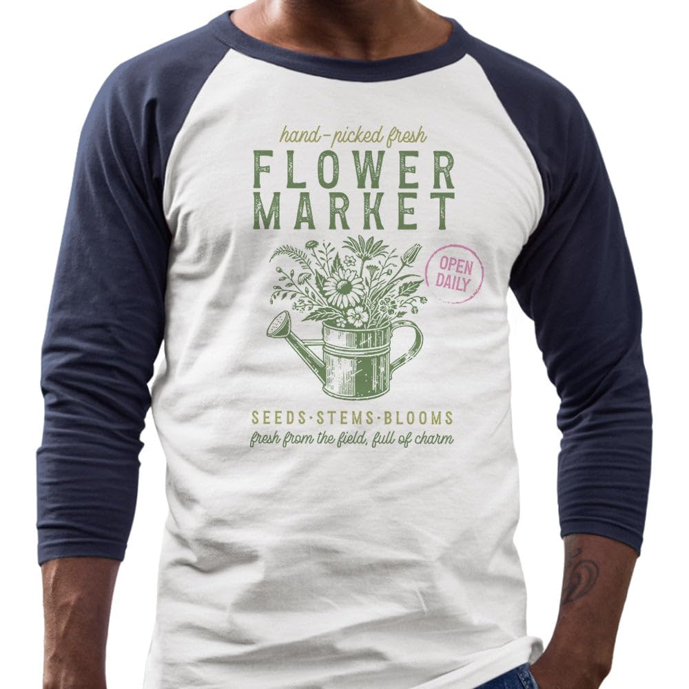 Flower Market Vintage Farm Sign Three-Quarter Raglan Sleeve Baseball Shirt Unisex Small White/Navy