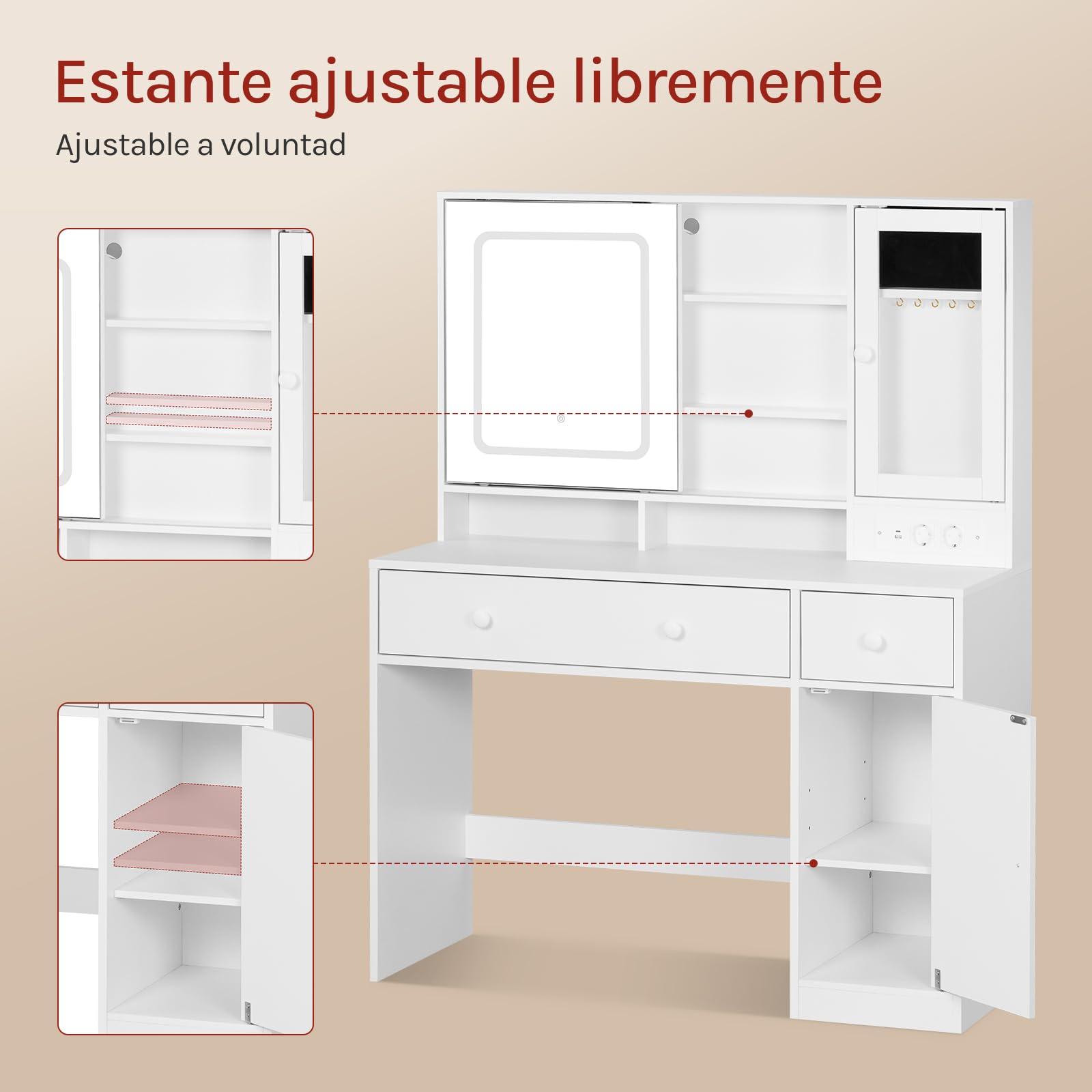 WOLTU Tocador Maquillaje con Joyero, Espejo Luz LED Ajustable, Mesa Tocador Maquillaje con Enchufes, Cajones y Estantes, Blanca, MB6125ws