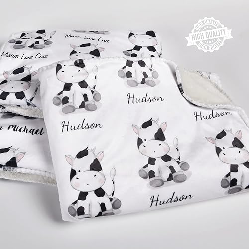 Miniatura 6 de Manta de bebé personalizada con estampado de vaca con nombre, forro polar sherpa suave, ideal para recién nacidos, bebés y niños