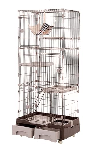牧小苫\msmrケージ ゲージ 猫ケージ キャットケージ ペット 猫 ベビー キャットタワー スタジアム 収納 キャスター付き 猫トイレ付 脱走防止 頑丈 檻ねこ ネコケージ (ブラウン, 3段)