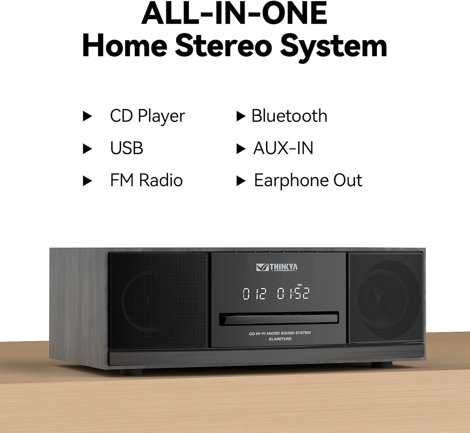 Diagram showing all-in-one features: CD Player, USB, FM Radio, Bluetooth, AUX-IN, Earphone Out