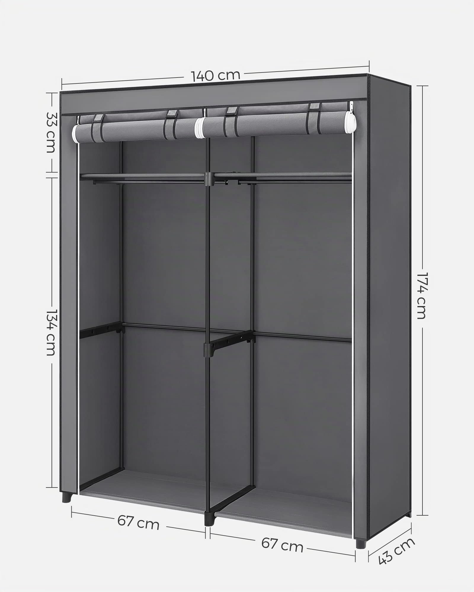 SONGMICS Armario de Tela, Armario Portátil con Barras para Colgar, Perchero, Plegable, Guardarropa, para Dormitorio, Estudio, 140 x 43 x 174 cm, Gris RYG02GY