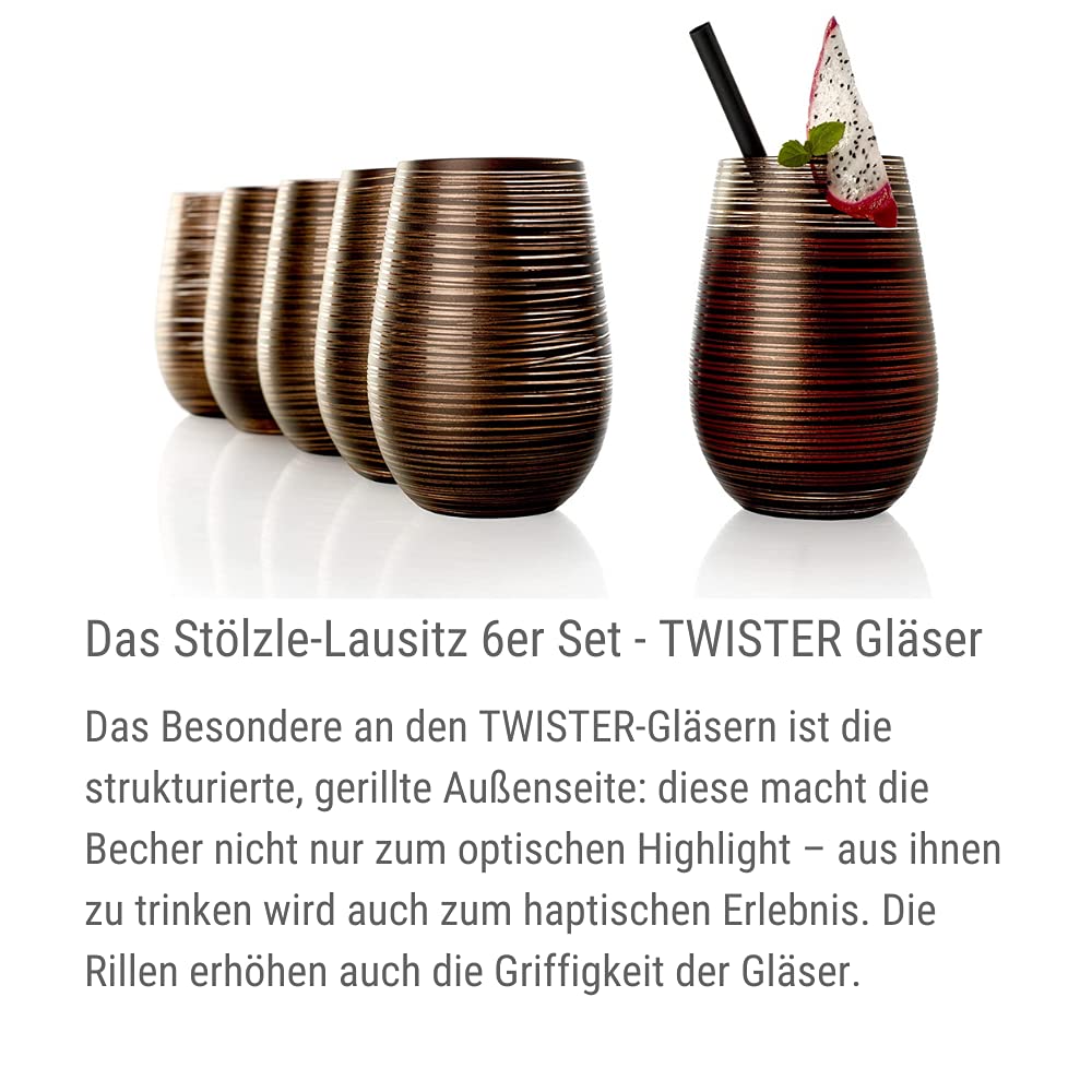 Stölzle Lausitz Set 6 Vasos Twister 465ml – Vasos Altos de Cristal Negro-Bronce para Agua Zumo y Cócteles – Resistentes a Golpes y Apto para Lavavajillas – Diseño Moderno Sin Plomo