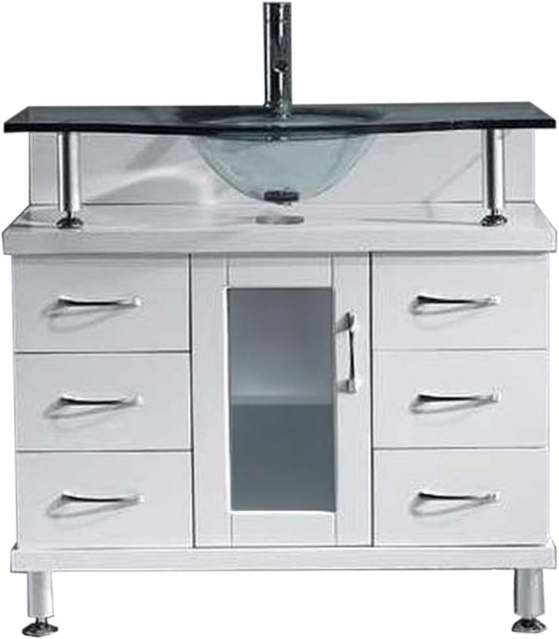 Vincente 36 inch Single Sink Bathroom Vanity Set in White w/Integrated Round Sink, Clear Tempered Glass Countertop, No Faucet, No Mirror - MS-36-G-WH
