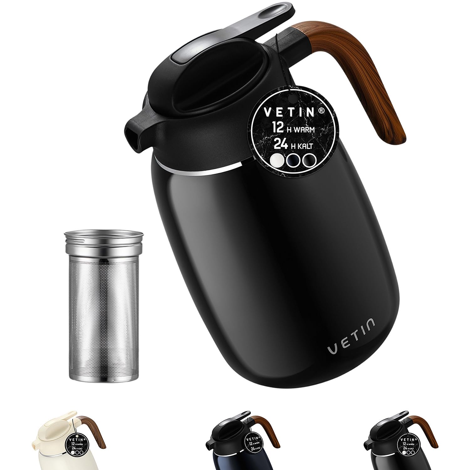 VETIN Termo con colador de té de 1,5 l, jarra térmica de doble pared de acero inoxidable 304, tetera térmica con colador, jarra térmica de 12 horas de calor/24 horas de frío (negro)