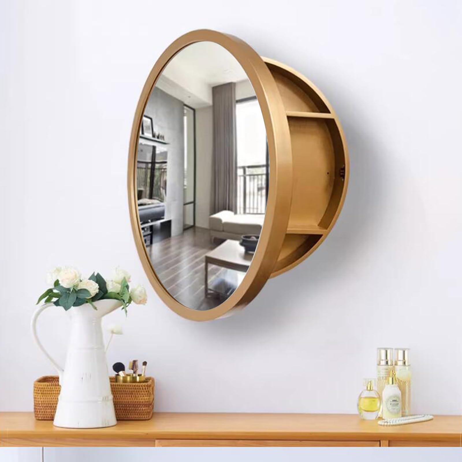 Espejo de baño Dorado de Pared con Puerta abatible, Mueble de almacenaje Decorativo Redondo de 60 cm, Elegante Espejo cosmético para Ahorrar Espacio.