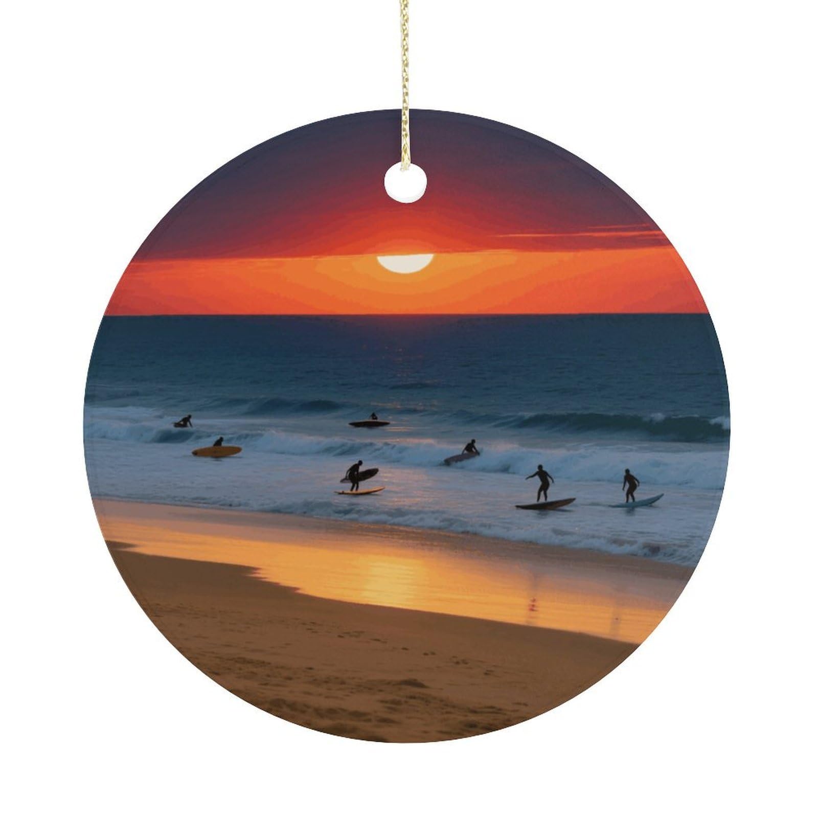 Personalized Christmas Ornaments 2025 Ceramic Hanging Beach Red Sunset Ornaments with Gold String Double-Sided Vintage Holiday Decorations for Tree Mantel Tabletop Xmas Party Favors