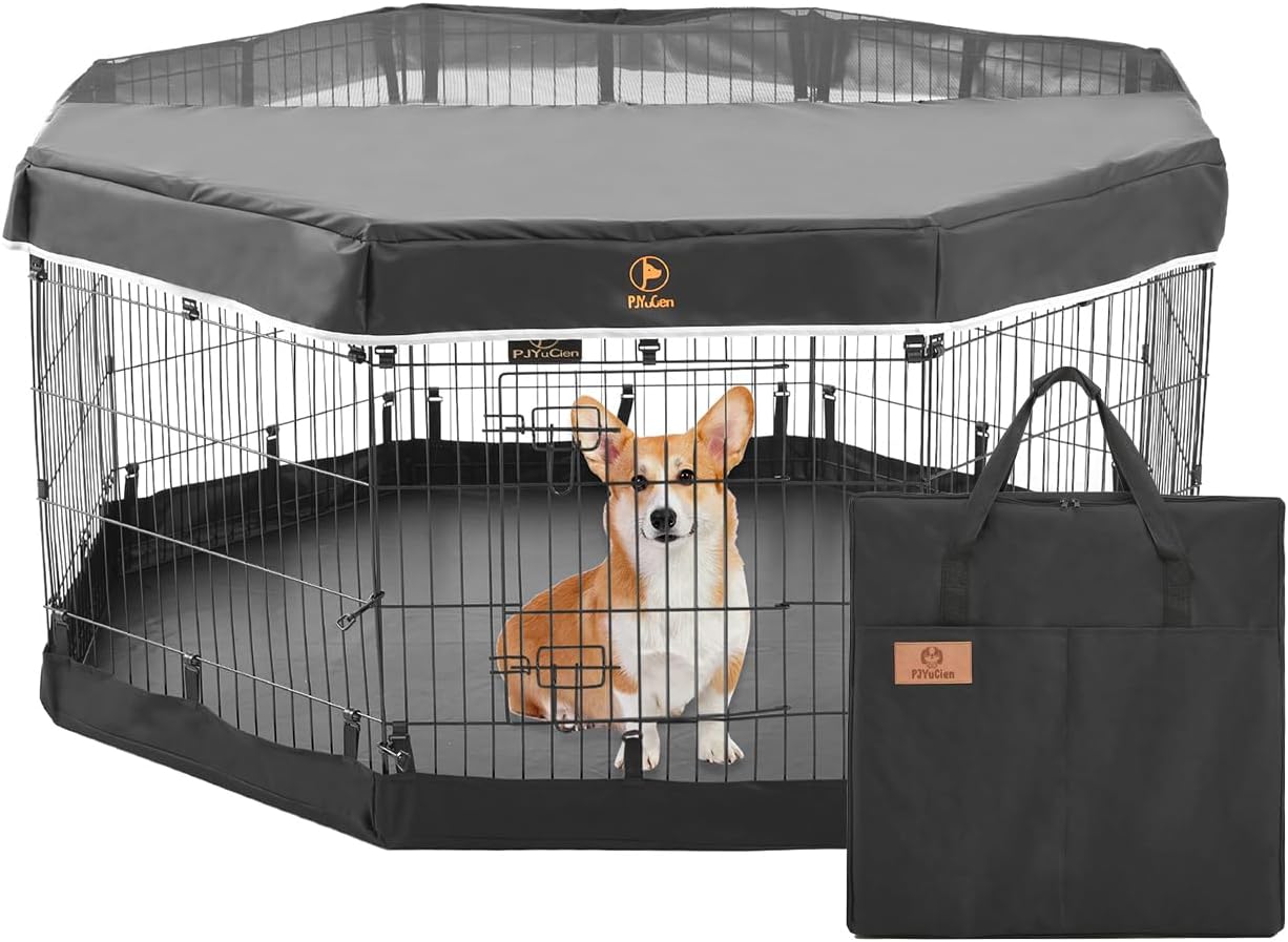 PJYuCien Foldable Exercise Metal Pet Playpen with Door, Bottom Pad and Top Cover + Storage Bag, Dog Fence, Puppy Pen, Rabbit Yard, Small Animal Kennels, Indoor/Outdoor 8 Panel 24" W x 24" H… 8 Panels 24"H Playpen+Bottom Pad+Top Cover+Storage Bag