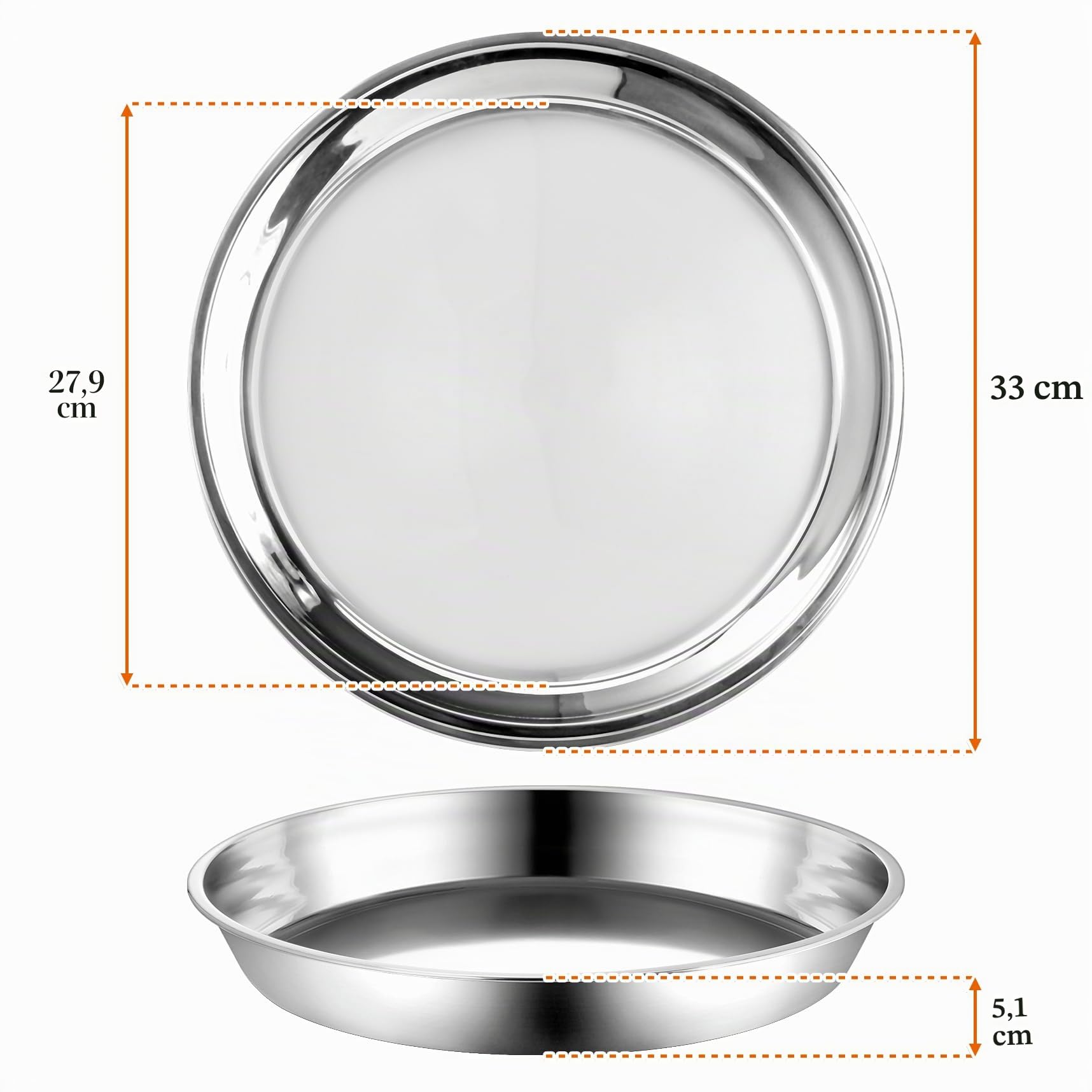 Elsjoy Confezione da 4 teglie profonde per pizza da 33 cm, in acciaio inox, grandi teglie rotonde per pizza, resistenti per forno, lavabili in lavastoviglie