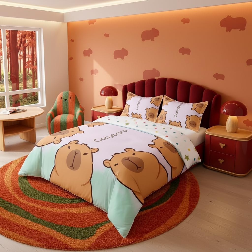 Castle Fairy 100% Cotton Capybara Duvet Cover,Watercolor Green Comforter Cover Twin Size for Kids Bedroom Decor,Cartoon Wild Animal Rustic Style Bedding Set Soft,All Season(No Comforter)