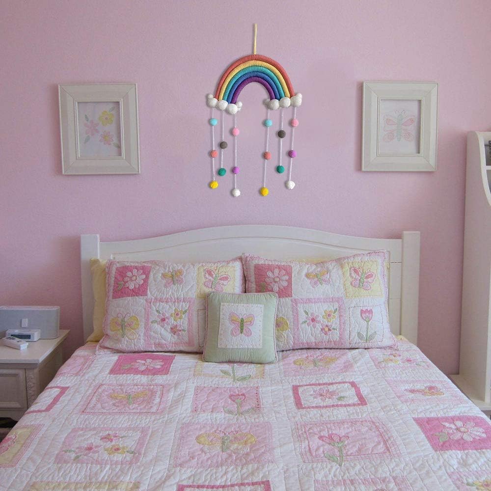 GOODCHANCEUK - Decoración de pared de macramé, diseño de nubes arcoíris de macramé, pompones boho para niños, habitación infantil