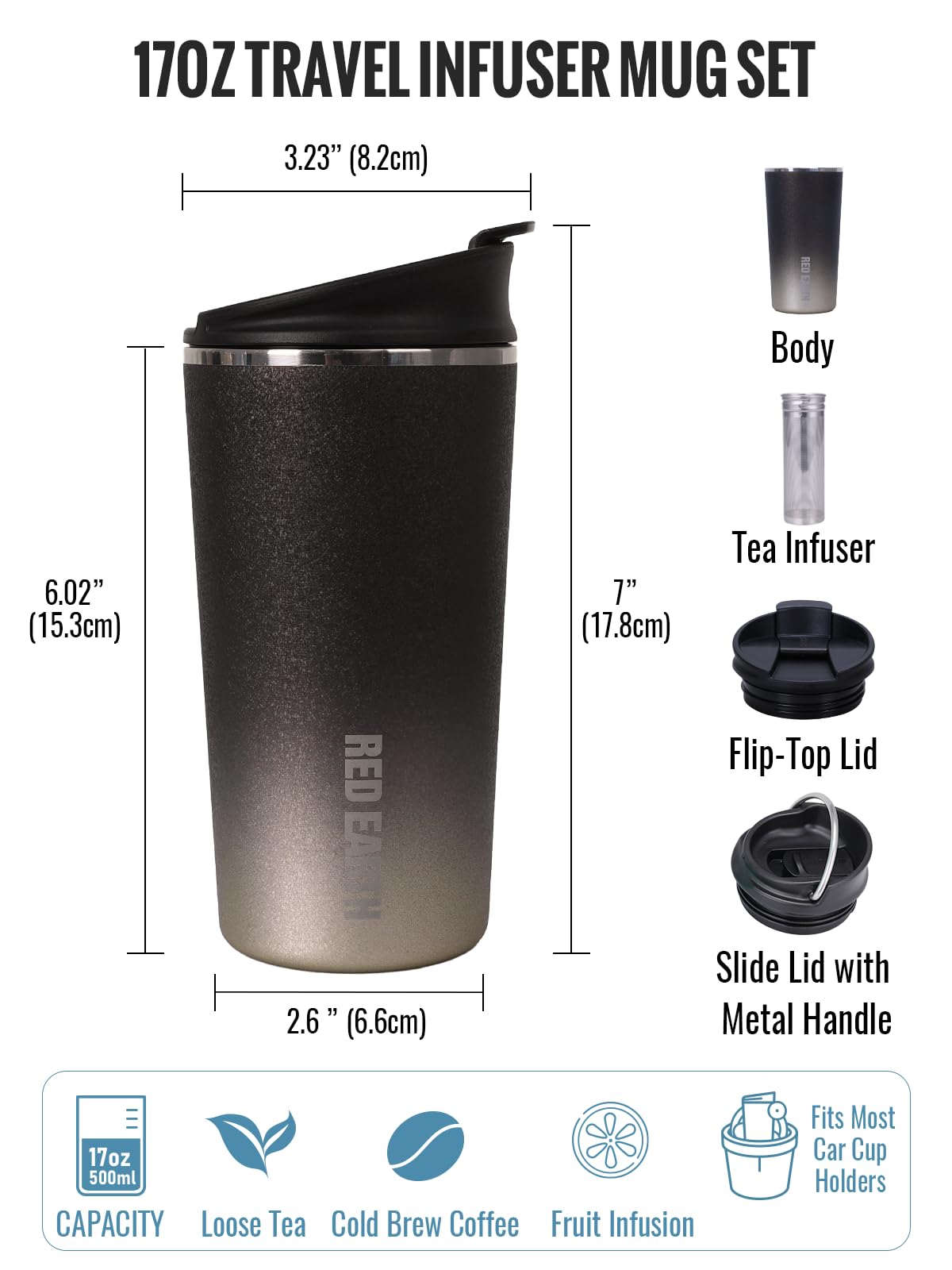 GiNT Taza de té de viaje de 17 onzas con infusor y dos tapas, color negro y dorado
