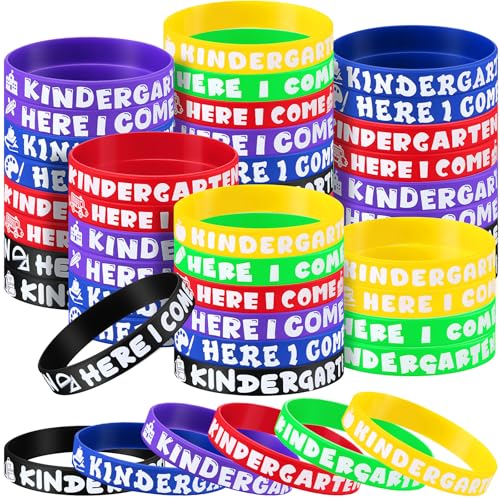 Simgoing 60 Pcs Kindergarten Here I Come Rubber Bracelets Kindergarten Here I Come Party Wristbands Supplies Colored Silicone Bracelets