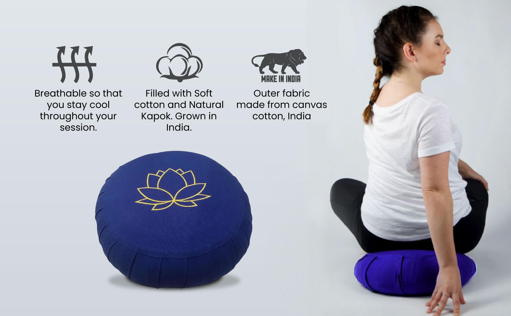 Zotayog Zafu Pillow For Meditation, With Embroidery | Cotton Filled Cushion For Meditation, Yoga, Posture Correction (Purple) | (29 x 14 CM) 2