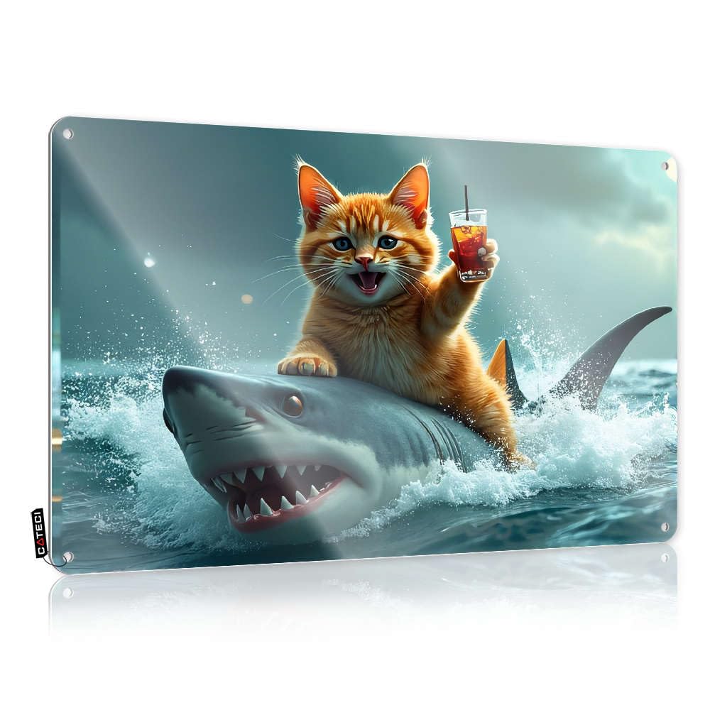 Fzfn Colour Decor Nice Cute A Cat Riding A Shark Holding A Drink. For Saloon Bar - Core Customizable(30X40cm)