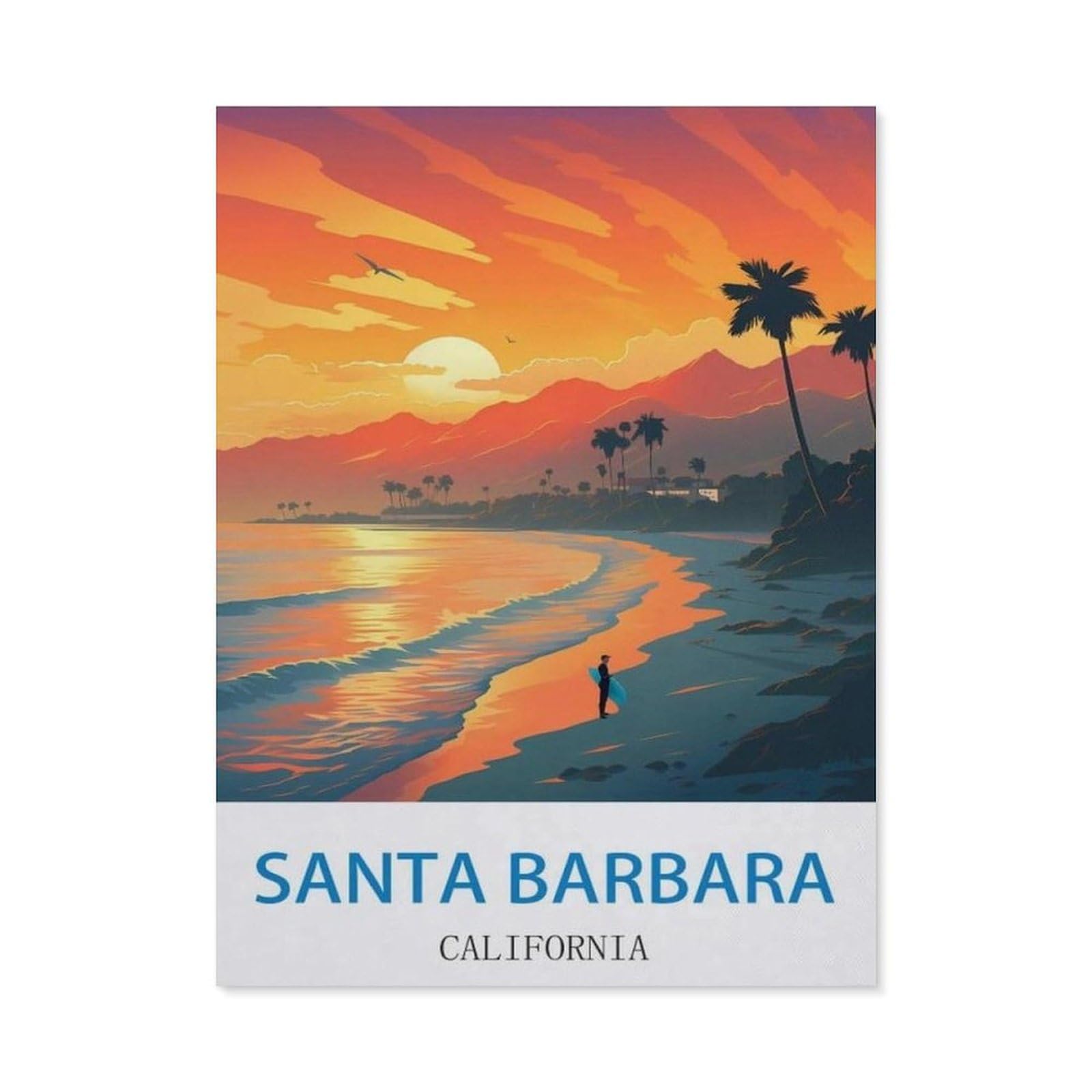 BEAYODKP DIY 5D Diamond Painting，Santa Barbara California Vintage Travel Poster Surf，Round Diamond, Used for Room Decoration（40 x 50 cm/15.74 x 19.68 inches）-CJ93