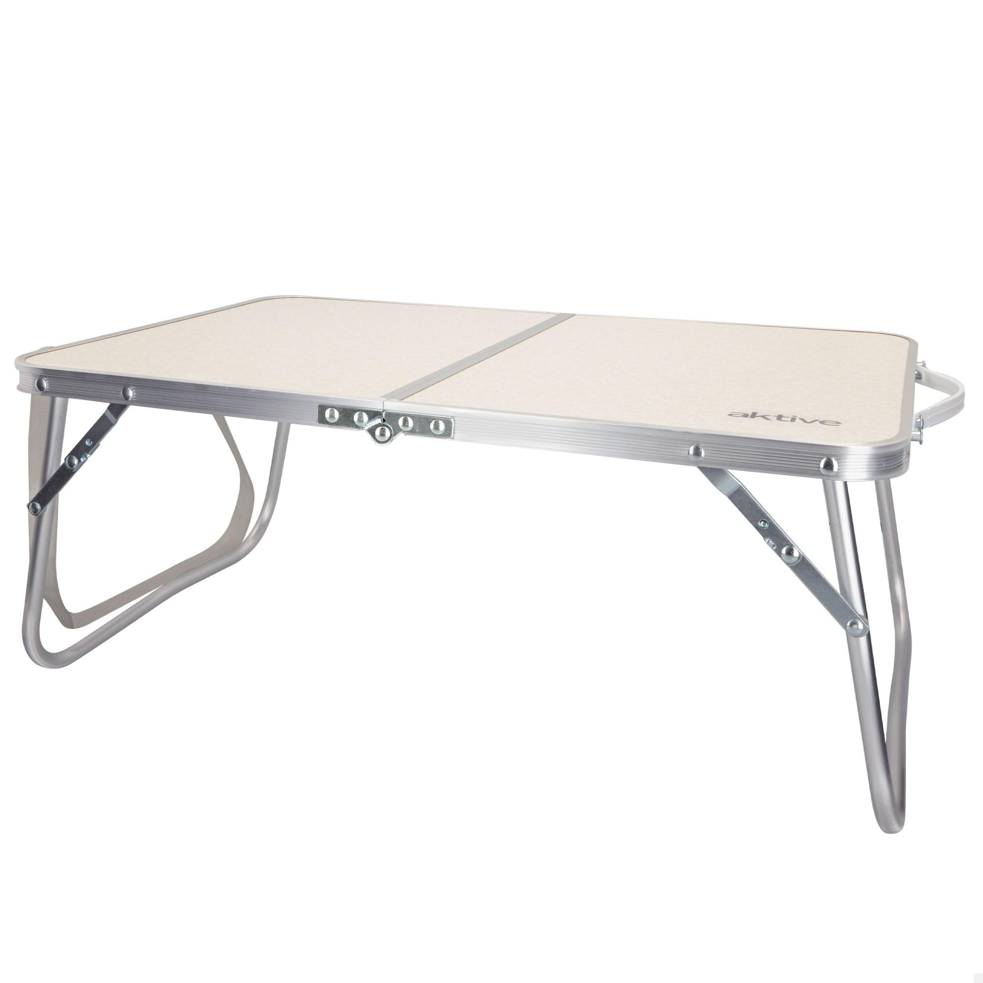 AKTIVE Tavolo da spiaggia pieghevole, Tavolo da spiaggia basso, 60x40x25 cm, colore crema, struttura in metallo, piano in legno, piccolo tavolo da campeggio pieghevole, blocco di sicurezza, Campeggio