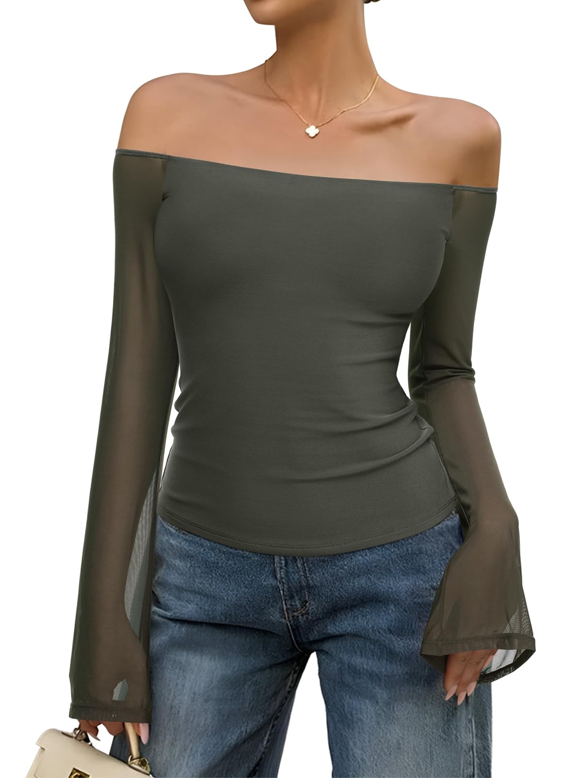 REORIA Off The Shoulder Tops for Women Tube Double Lined Mesh Going Out Shirts 2025 Fall Fashion Trendy Tops