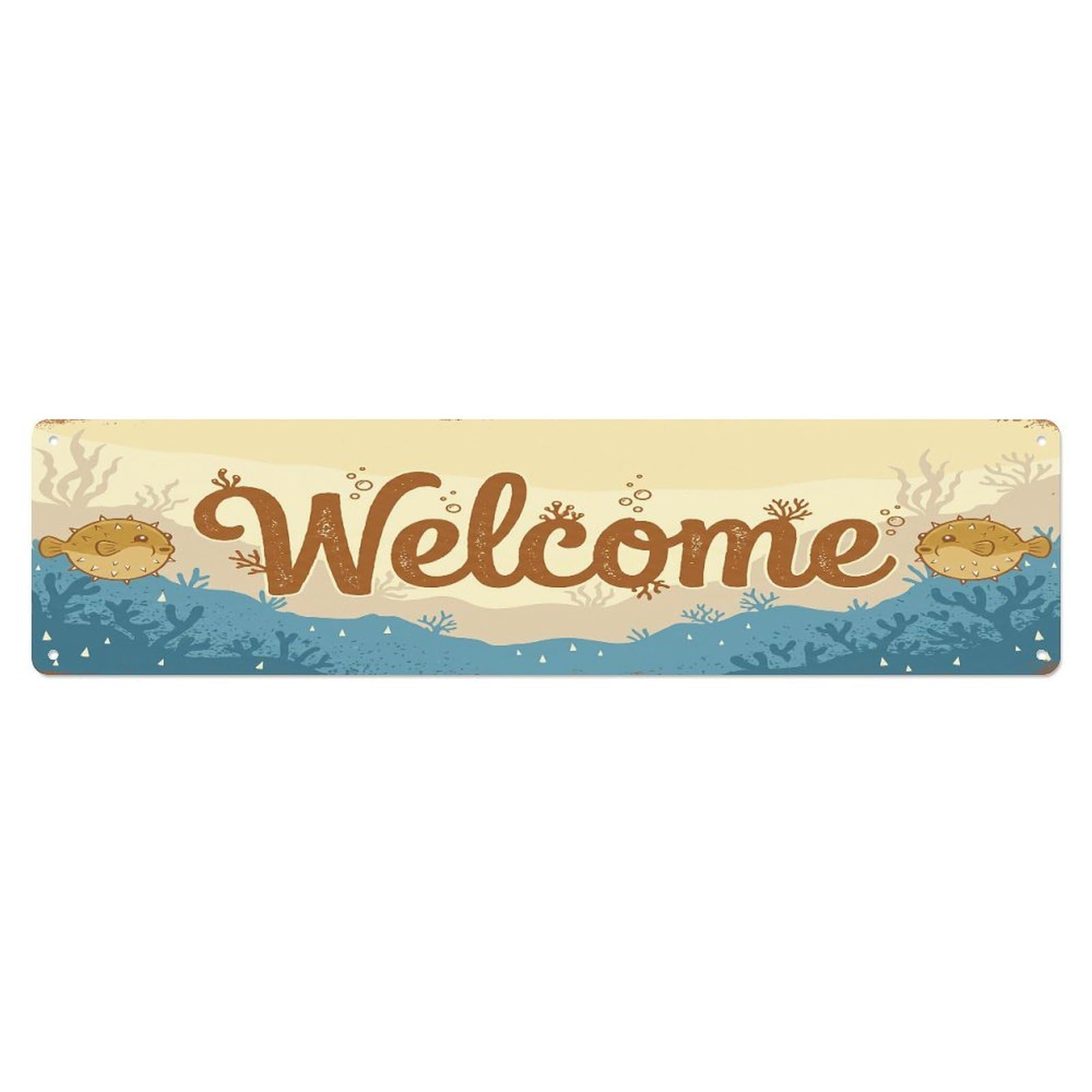 Vintage Welcome Pufferfish Spiky Metal Tin Sign