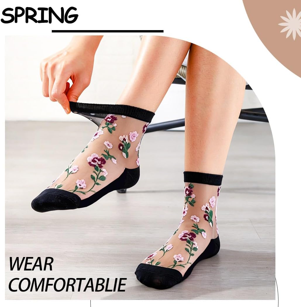 Women's Flower Sheer Lace Ankle Socks See-Through Mesh Summer Casual Socks 4 Pairs