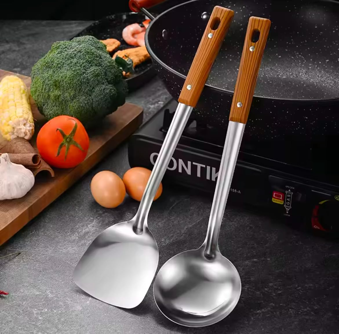 5-Piece Kitchen Utensil Set, Stainless Steel with Wood Handles, Spatula, Ladle, Skimmer Spoon