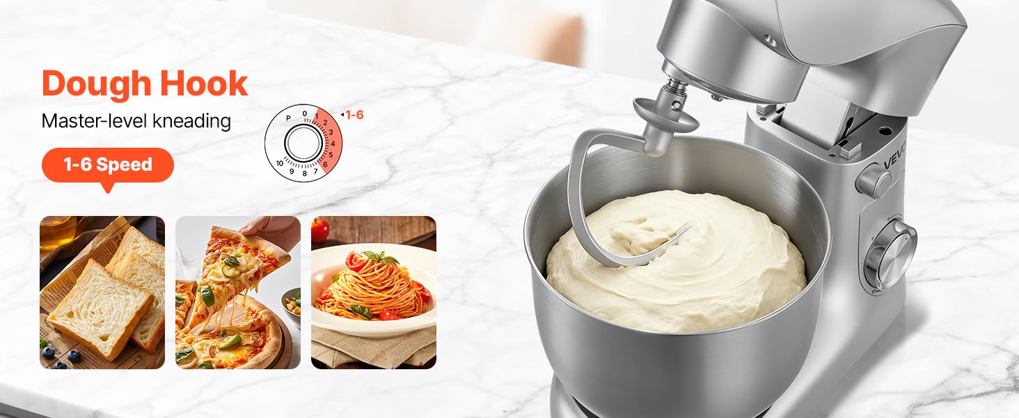 VEVOR Impastatrice Planetaria per la Cottura al Forno, Impastatrice da 1500 W con Ciotola in Acciaio Inossidabile 4,2 L, Gancio per Impastare, Frusta, Inclinazione Regolabile a 10 Velocità