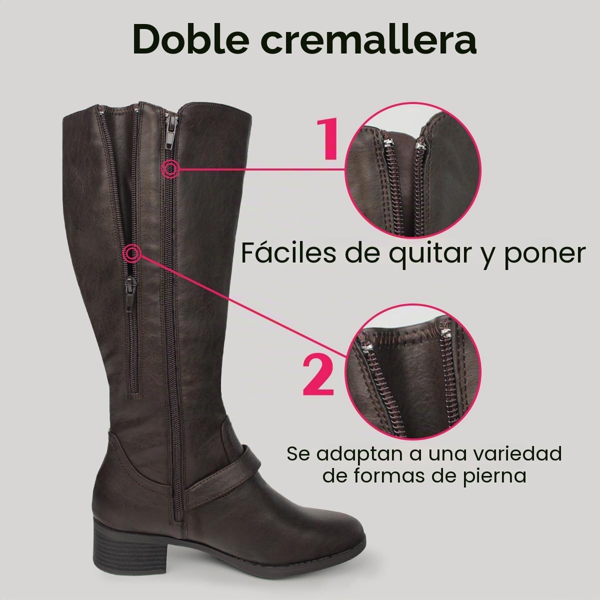 Hawkwell Botas de montar hasta la rodilla con doble cremallera y pantorrilla ancha para mujer