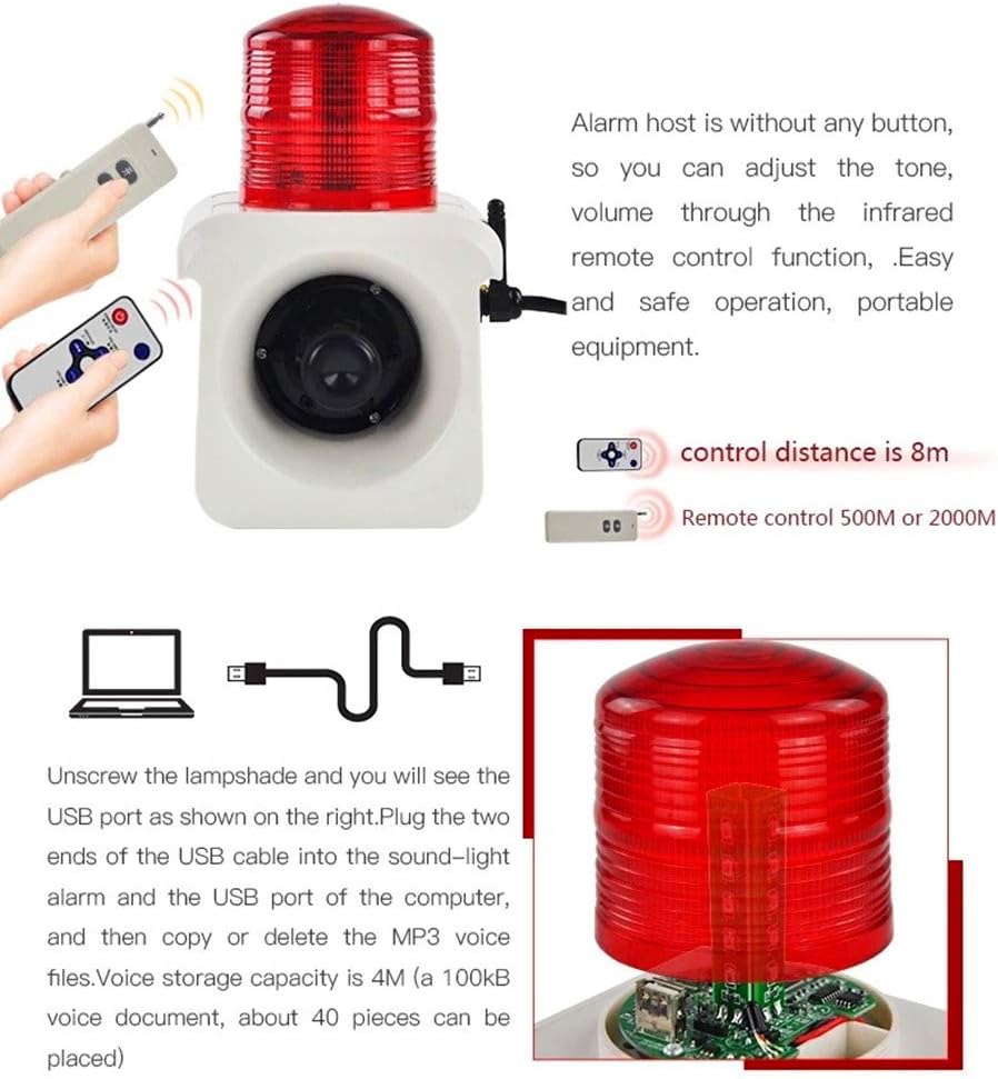 Sound Light Warning Light w/Remote Control Intelligent Alarm Siren Light Infrared Wireless Remote Flashing Led Strobe Light Emergency 120dB (1 alarm with 2 remote controller(500m), DC 24V)
