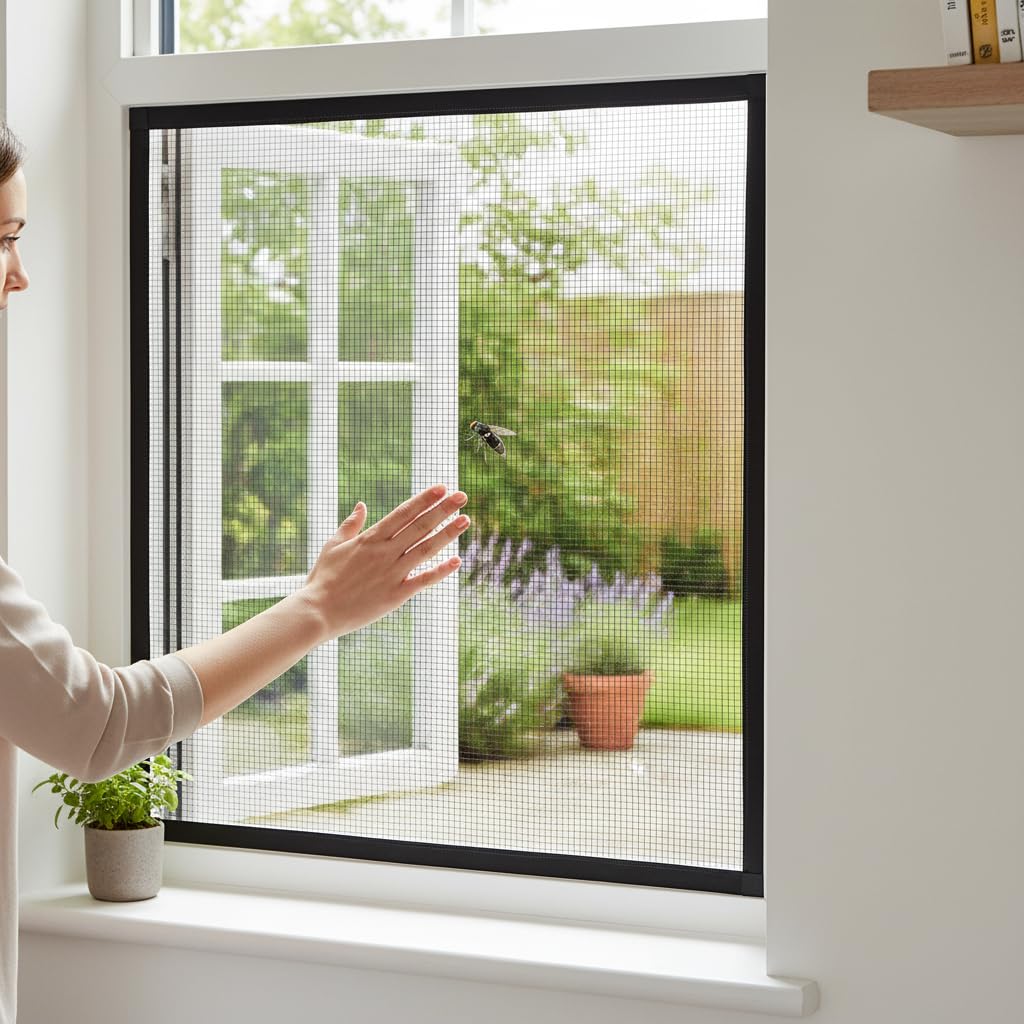 A2Z Window Fly Screen Mesh 150 x 130 cm Cut to Size Insect Screen for Windows with Adhesive Tape Easy Fit DIY Mosquito Flies Bugs Net for Window Reusable Washable Mesh in Black Colour