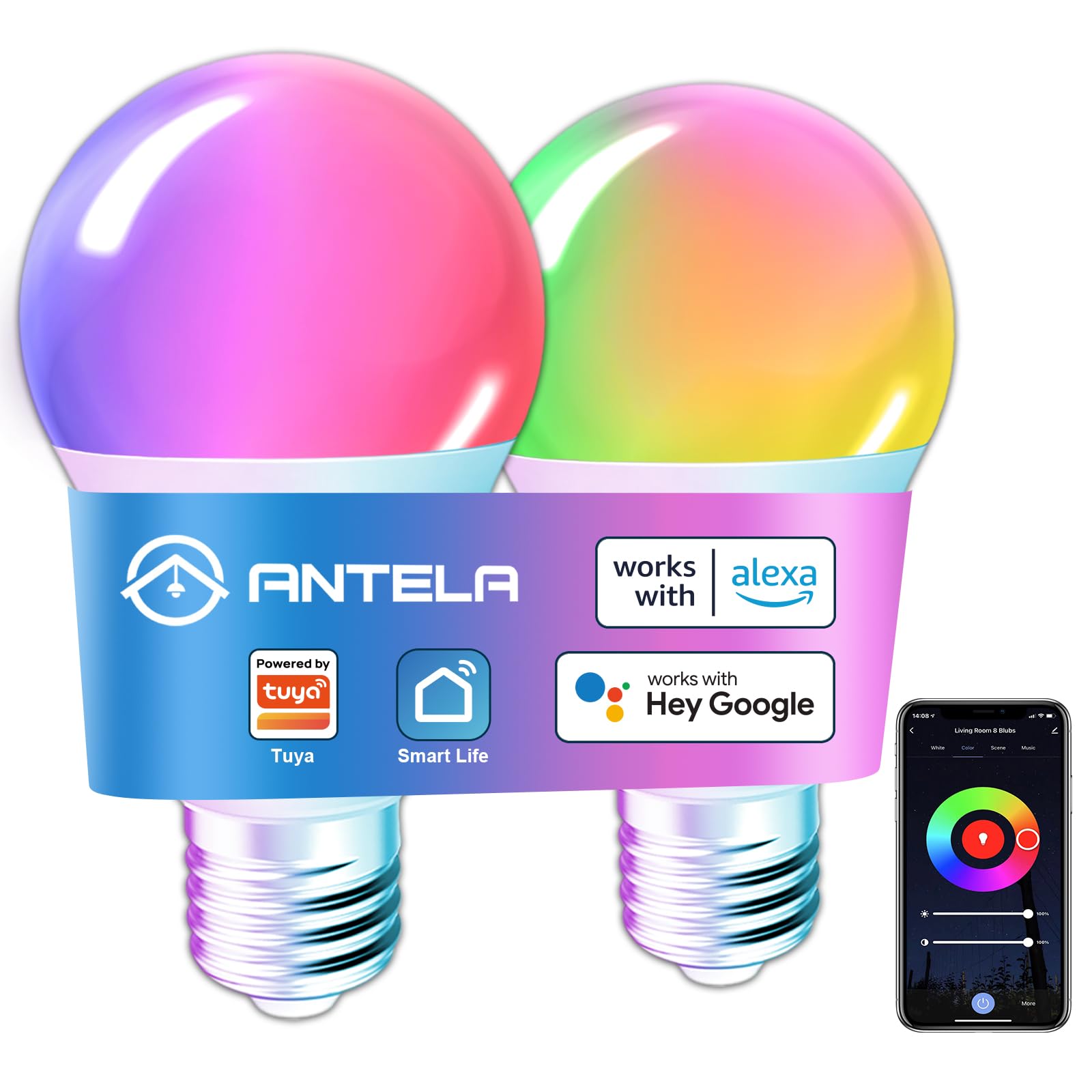 Lot 4 Ampoules Connectées E27 WiFi 9W RGB+CCT 1000LM – Alexa, Google, Smart Life – ANTELA