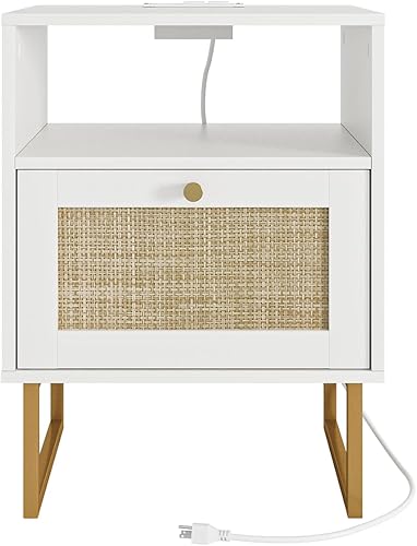 Miniatura 9 de Mesita de noche de ratán con estación de carga, mesita de noche bohemia de madera con almacenamiento y estante abierto, mesa auxiliar auxiliar para