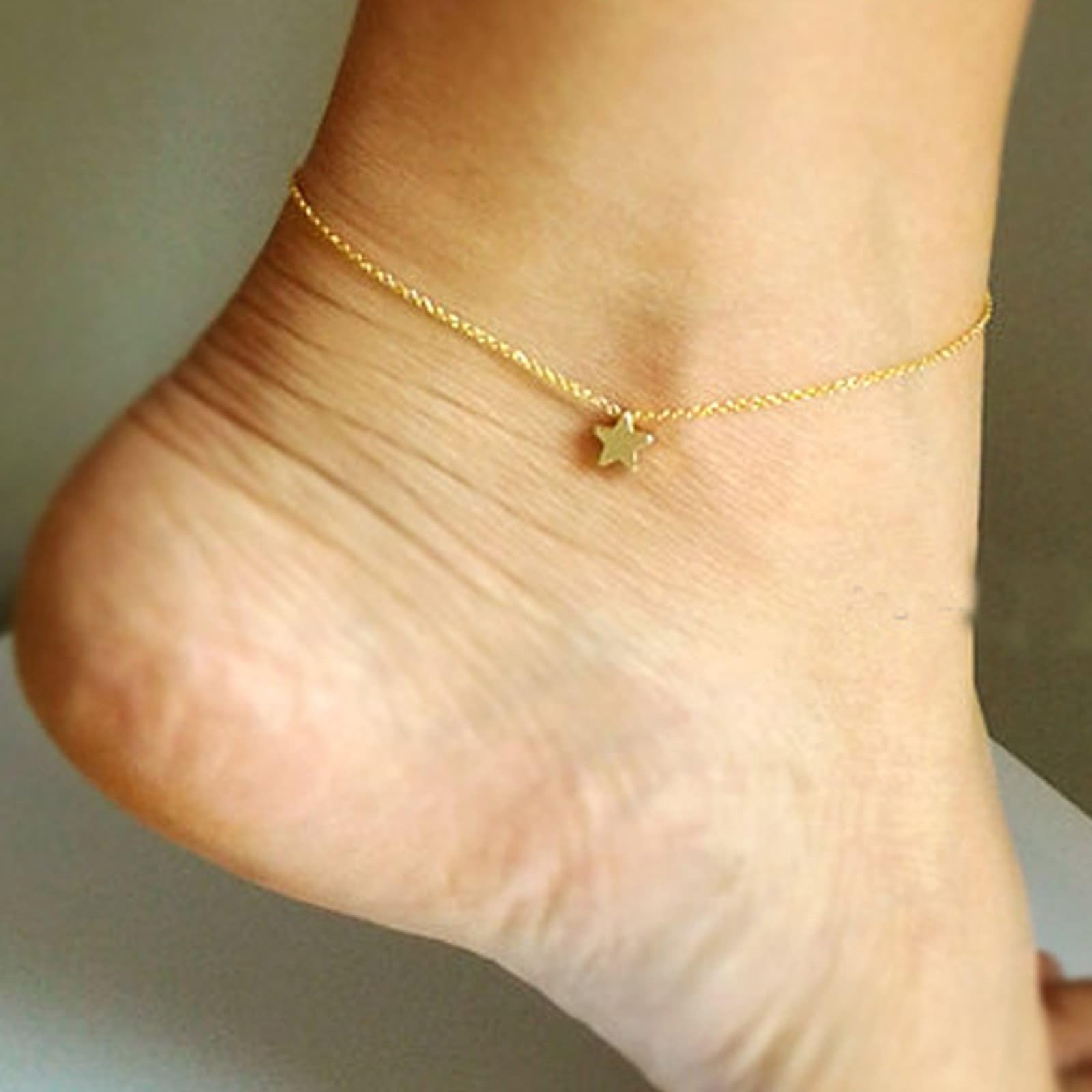 Cavigliera da donna in oro giallo 9 carati Au 375 pentagramma estivo a piedi nudi da spiaggia, da donna, lunghezza 21 cm