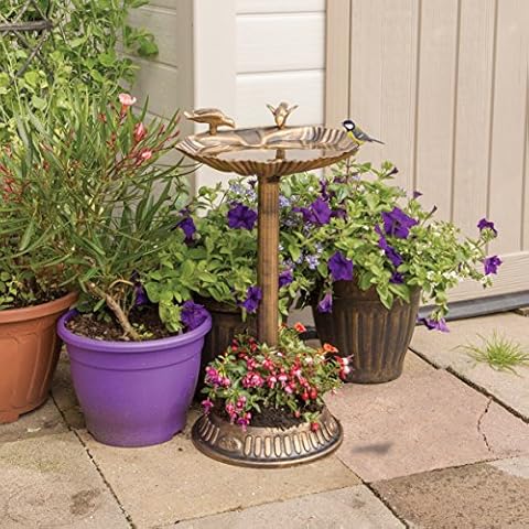 Gardenkraft 17390 Bird Bath with Built-In Base Planter / Bronze Effect Clam Shell Design / Weatherproof Garden Feature / Easy To Assemble / 66cm x 39cm Cover