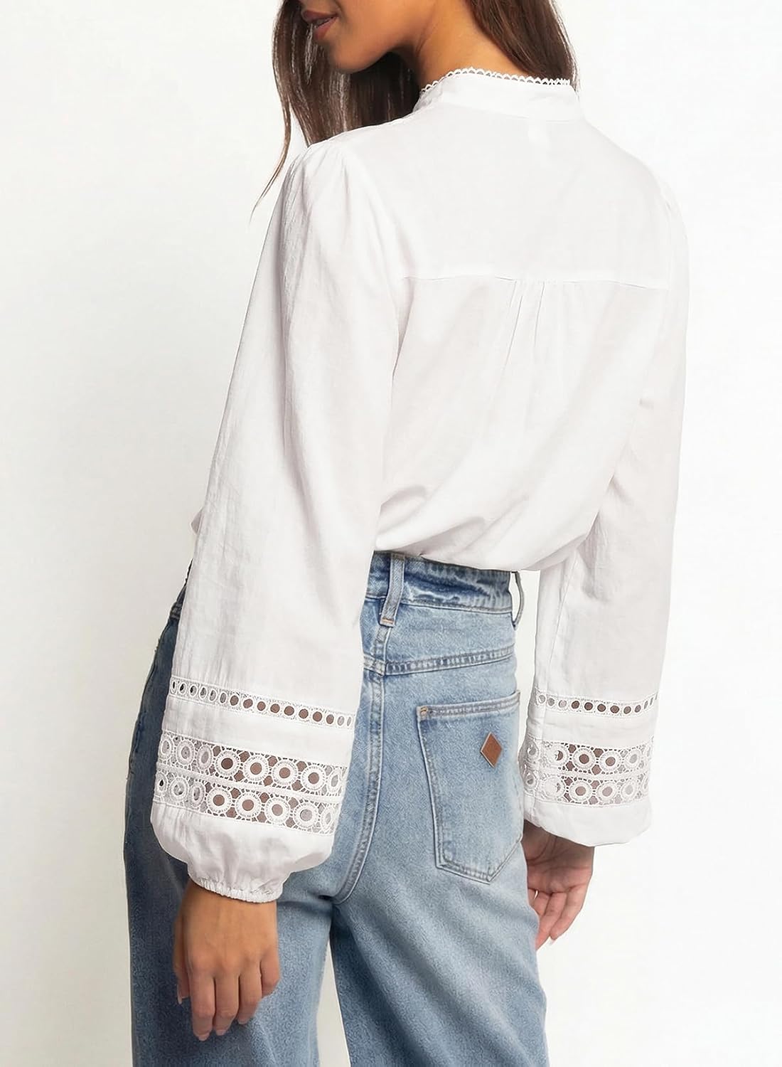 Astylish Women's Cotton Linen Button Down Shirt Eyelet Lace Long Sleeve Blouse Boho Tops