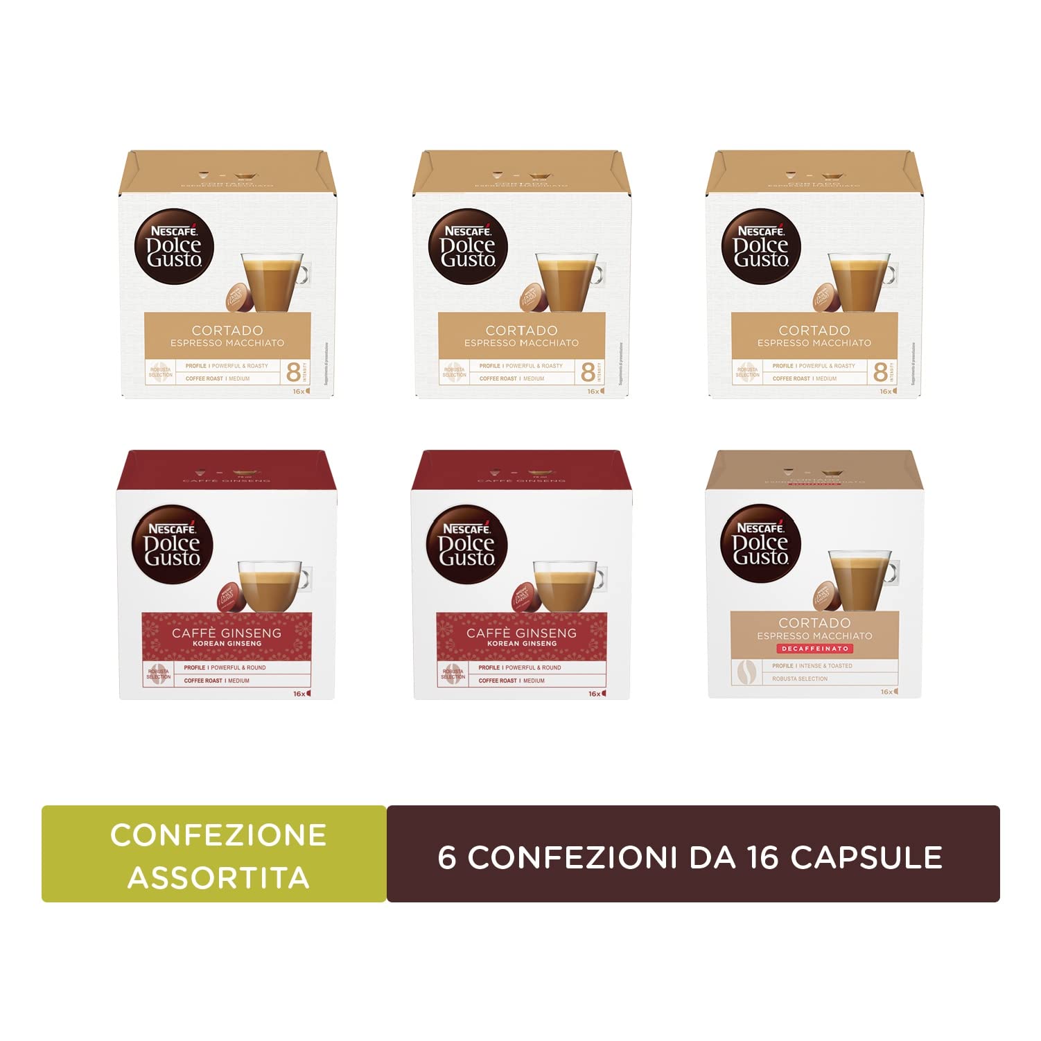 Nescafé Dolce Gusto 3 Confezioni Caffè Cortado Espresso Macchiato, 2 x Ginseng, 1 x Cortado Decaffeinato (96 Capsule)