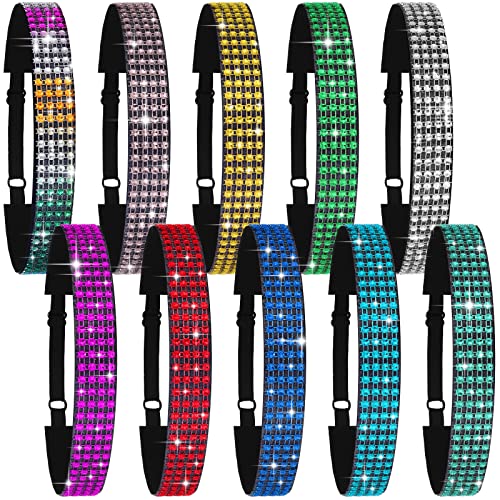 MTLEE 10 Pieces Adjustable Rhinestone Headbands for Girls Bling Sports Non Slip Headband Kids Elastic Glitter Women Disco Hair Band Styling Accessories Party Favors, Colors